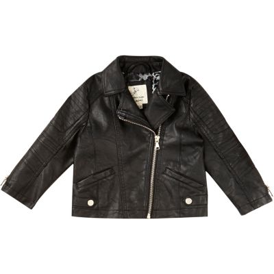 Mini girls black leather-look biker jacket